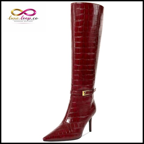 Shoes - Knee High Boots Women Stiletto Heel 3.3in Pointed Toe Metal Buckle